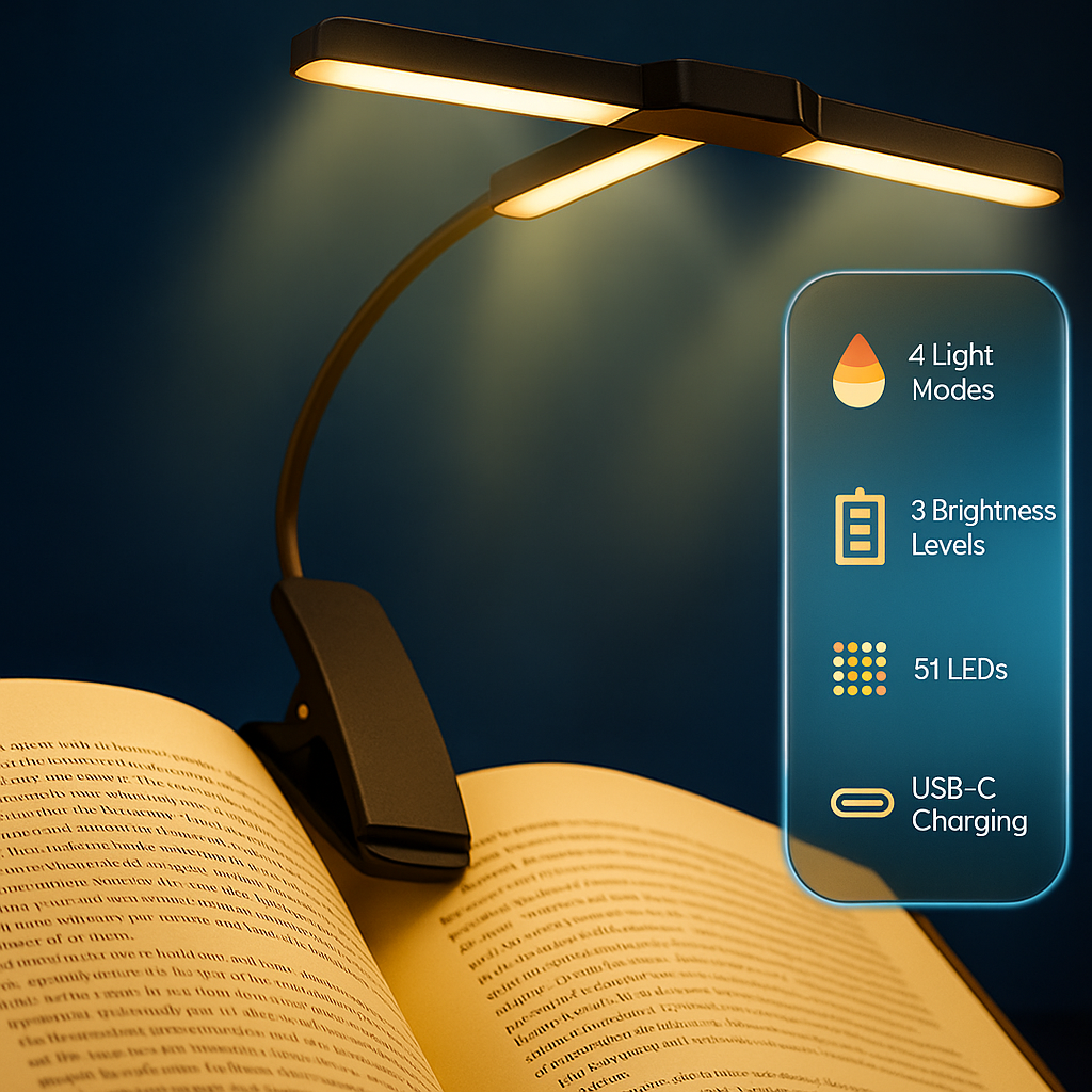 Book Light – Rechargeable LED Clip-On Reading Lamp with Adjustable Warm Brightness